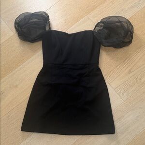 French Connection Black Mini Dress with Sheer Puff Sleeves
